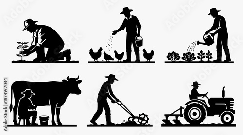 Farm and Ranch Work Icons with Animal Feeding Herding and Organic Agriculture Activities