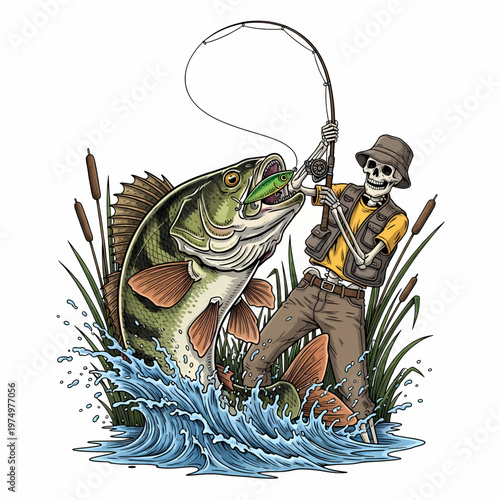 Skeleton fisherman catching a large perch fish in the lake with vintage woodcut style illustration