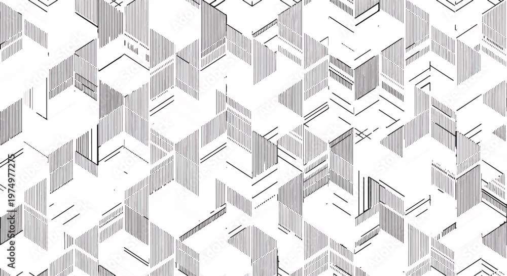 Fototapeta premium Intricate tessellating geometric shapes form a complex, layered background with a subtle 3D effect and monochromatic linear details.