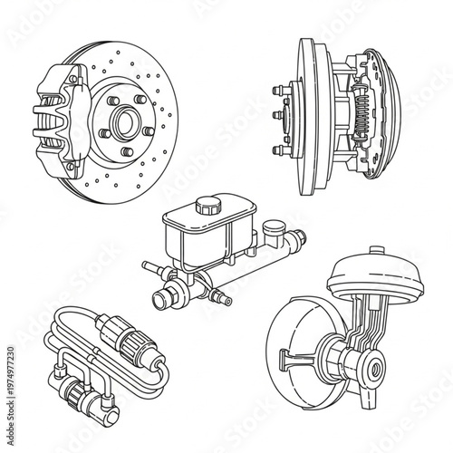 Set of automotive brake components rotors calipers pads and drums.