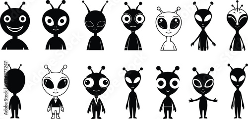 Cartoon alien character icon set, black and white vector illustration, cute extraterrestrial design, antenna creature graphic, sci-fi fantasy species collection