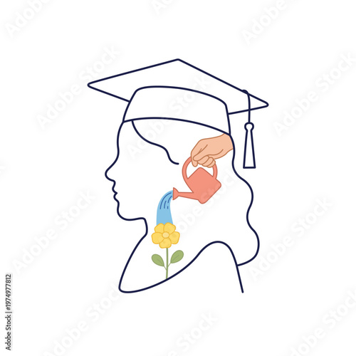 Minimalist line art illustration of a student head, nurturing a flower inside the mind, education and mental growth concept.