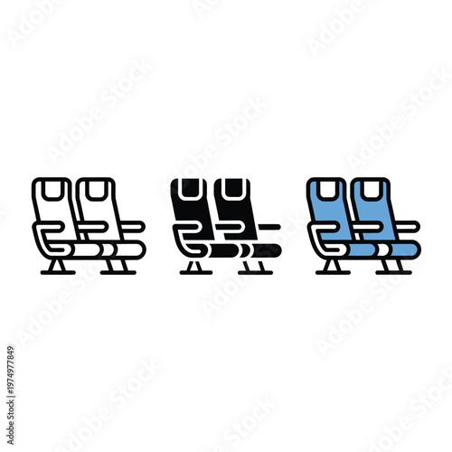 Four airplane seats depicted in varying color schemes black gray and blue