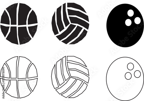 A collection of six sports balls icons. featuring solid black and outline. drawing of basket ball volley ball, and bowling ball.