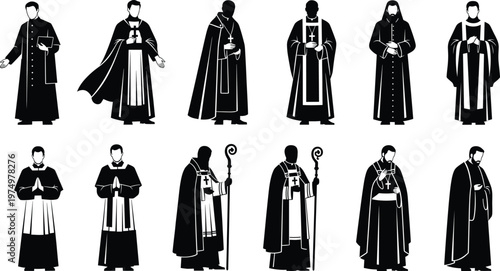 Christian clergy silhouette vector set, black religious icons, priest and bishop poses, traditional attire design, spiritual illustration, ecclesiastical role artwork
