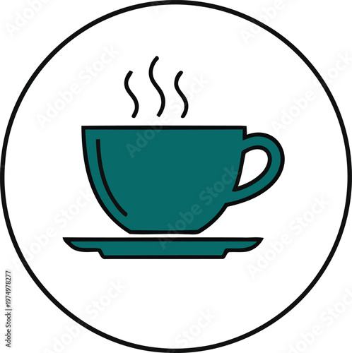 Steaming mug of coffee on a saucer inside a circular frame