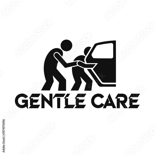 Illustrative emblem depicting compassionate care, showing a person gently assisting another into a vehicle for enhanced mobility and support