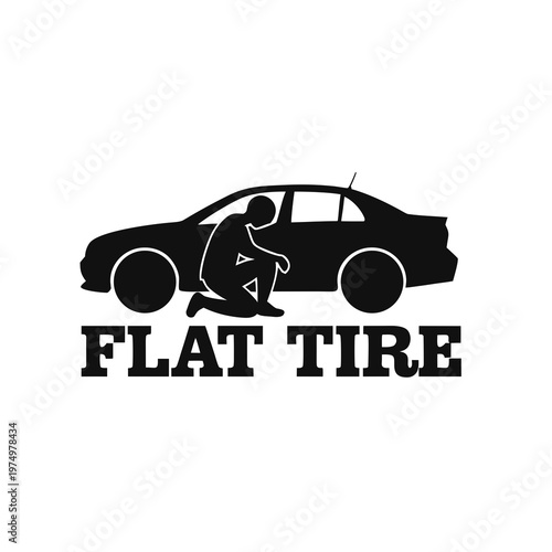 Roadside Assistance Concept Showing Person Inspecting a Flat Tire on a Broken Down Car