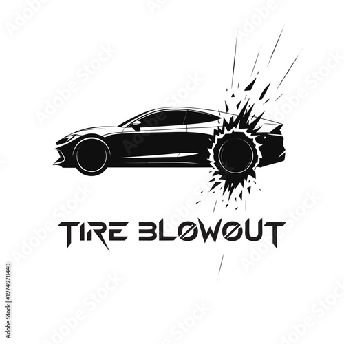Dynamic illustration of a sleek performance car suffering a sudden and dramatic tire blowout
