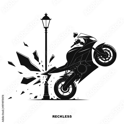 Dynamic Monochrome Illustration of a Reckless Motorcycle Crash into a Shattering Lamppost, Symbolizing High-Speed Danger and Impact