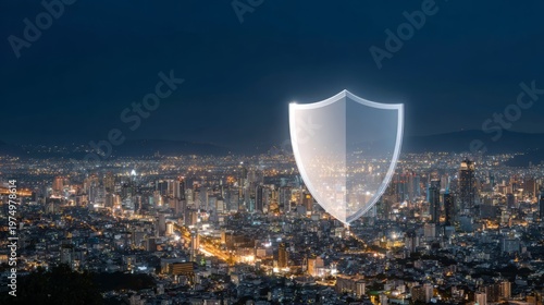 Glowing digital shield over modern city skyline. Concept of urban cyber security, data protection and network safety for smart city. Innovation in digital infrastructure and technology.