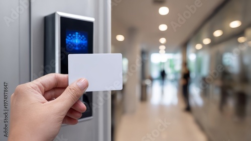 Woman holding white plastic smart card for electronic door access control system. Secure digital identification scanner for office building entry. Modern technology safety and security concept.