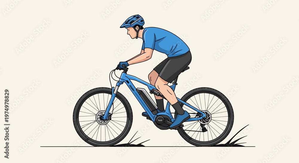 Naklejka premium Dynamic Mountain Biker Riding Electric Bicycle In Stylized Illustration