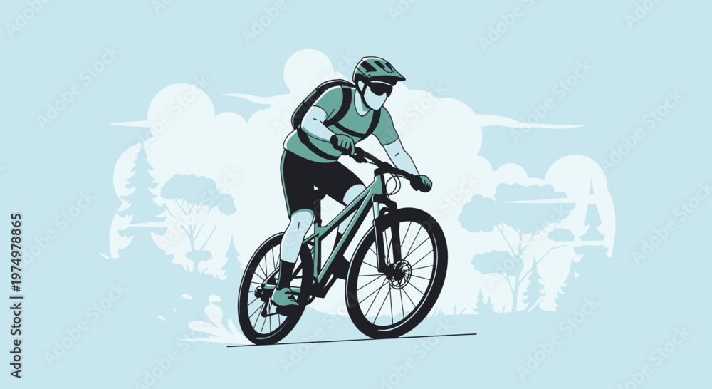 Fototapeta premium Dynamic Mountain Biker Riding Through Scenic Outdoors