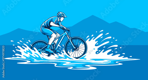 Dynamic Mountain Biker Plunges Through Water Splash