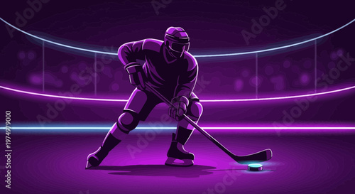 Dynamic Neon Hockey Player In Action On Futuristic Ice Rink