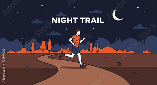Dynamic Night Trail Runner Under Starry Sky and Crescent Moon