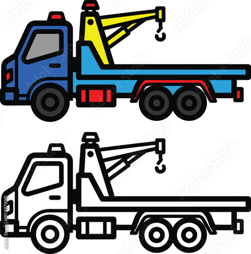 Two tow trucks with different designs and colors for vehicle recovery operations