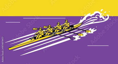 Dynamic Quad Scull Rowing Team Accelerates Through Water Splashes