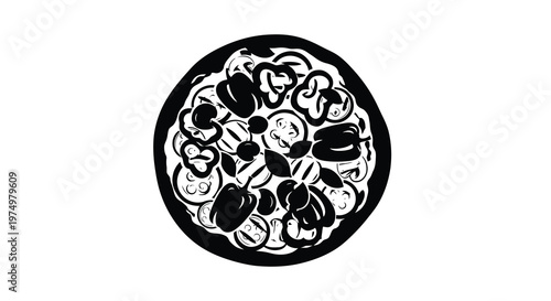 A black and white illustration depicts a circular pizza topped with various vegetables high quality professional