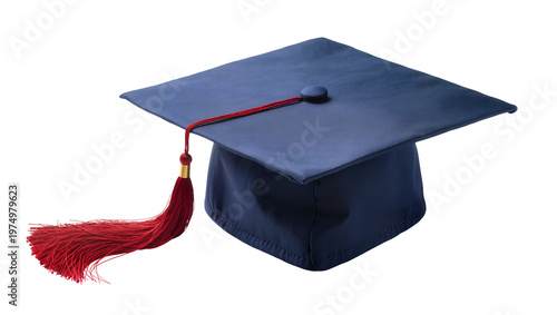 Photography Isolated dark blue graduation cap with a vibrant red tassel, symbolizing academi