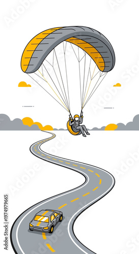 Dynamic Paragliding Adventure Above Scenic Winding Road Journey