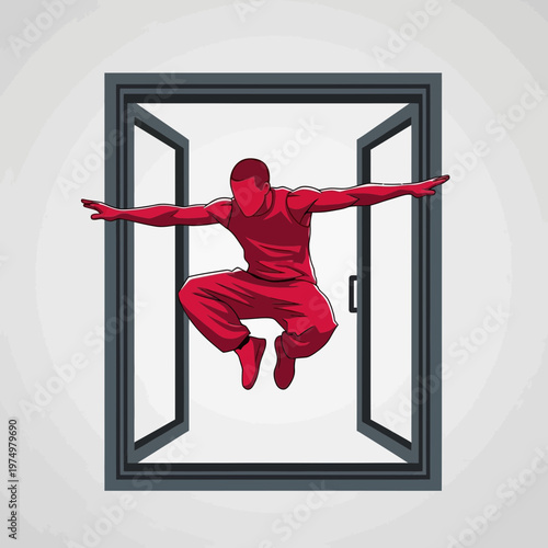 Dynamic Red Figure Leaping Through Open Frame Gateway Of Opportunity