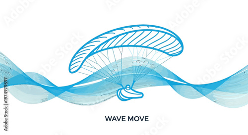 Dynamic Paragliding Silhouette Over Flowing Blue Waves Abstract Design