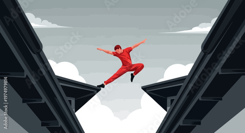 Dynamic Parkour Athlete Leaping Across Rooftops Against Dramatic Sky