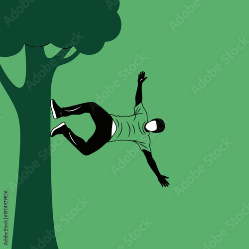 Dynamic Parkour Athlete Leaping From Tree Branch Against Green Background