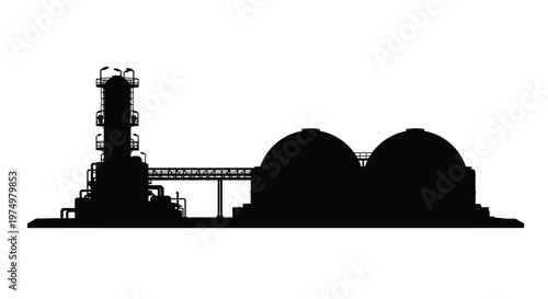 A stark silhouette depicts an industrial complex featuring large spherical tanks and a tower high quality