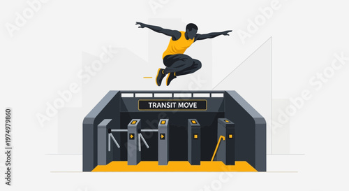 Dynamic Parkour Athlete Leaping Over Subway Turnstiles For Urban Adventure And Freedom