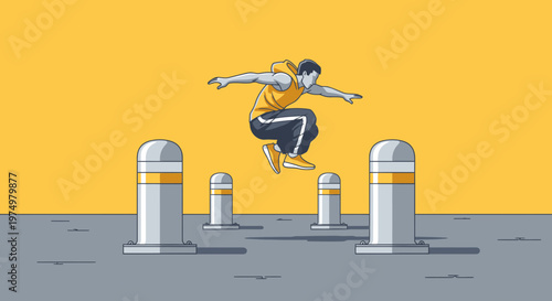 Dynamic Parkour Athlete Leaping Over Urban Obstacles