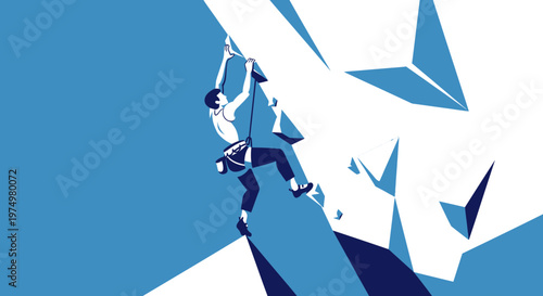 Dynamic Person Ascending Rocky Summit With Blue Abstract Background
