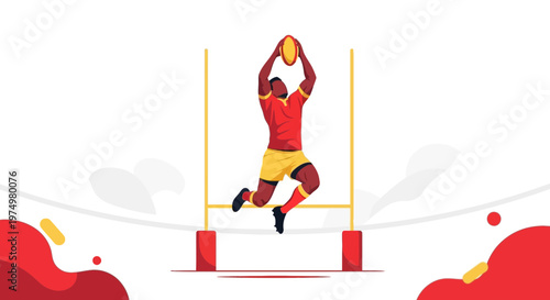 Dynamic Rugby Player Leaping High For The Ball During Match Action