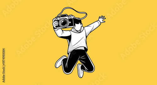 Dynamic Photographer Capturing Moments In Mid-Air With Classic Camera On Yellow Background