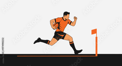 Dynamic Rugby Player Sprinting Towards Goal Flag On Field