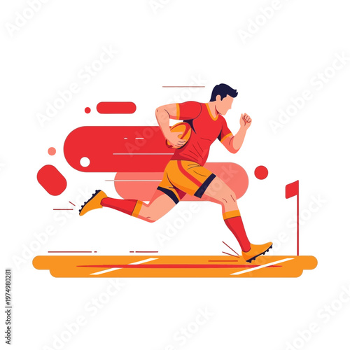 Dynamic Rugby Player Sprinting With Ball Towards Goal Line