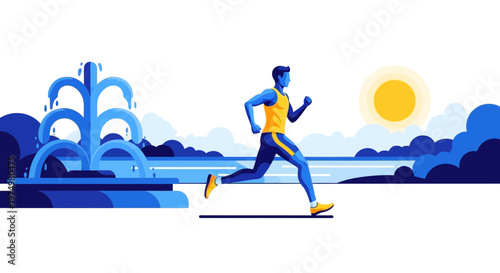 Dynamic Runner Embodies Health and Fitness By The Serene Waterfront