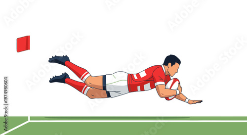 Dynamic Rugby Player Achieves Score in Dramatic Dive Towards Goal Line