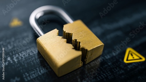Broken padlock on a digital background with binary code. Data breach or cyber attack concept representing hacked security. System failure and information leak in a computer network.