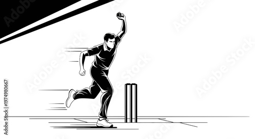 Dynamic Silhouette Of A Cricket Bowler In Action On A Bright White Background