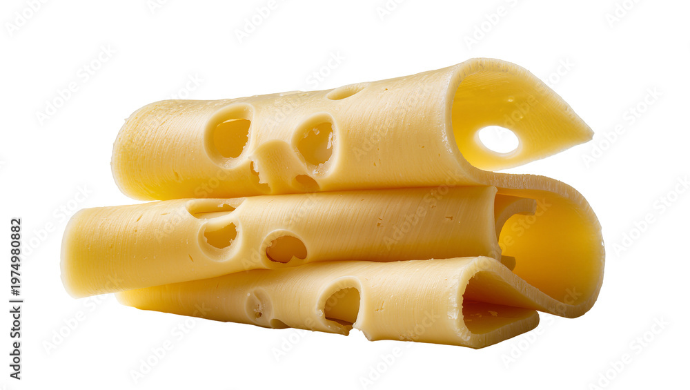 Obraz premium Isolated three beautifully rolled slices of delicious yellow Swiss Emmental cheese with holes