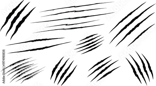 Claw marks, scratch silhouettes, wild slashes, horror damage, beast attack graphics, torn textures, spooky elements, animal aggression, vector illustration, abstract design