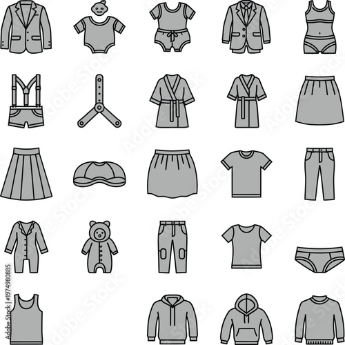 Diverse collection of monochrome children's and adult clothing items