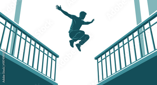 Dynamic Silhouette of A Person Mid-Jump Between Two Balconies