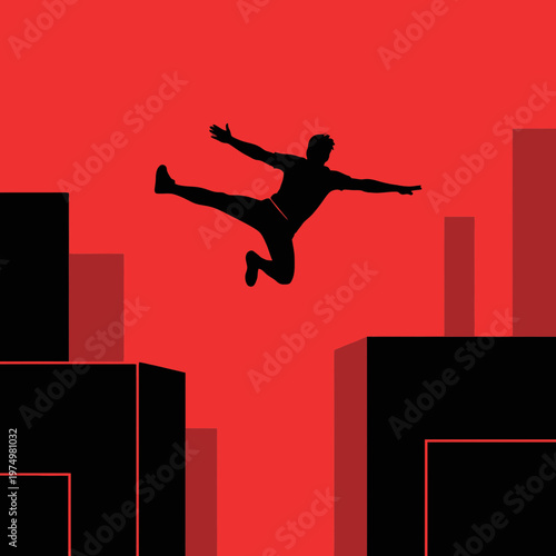 Dynamic Silhouette of a Person Performing Acrobatics Over Urban Structures