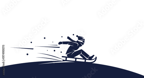 Dynamic Silhouette Of A Person Sledding Downhill With Speed Lines And Snowflakes