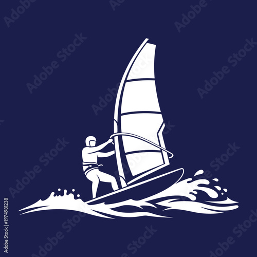 Dynamic Silhouette Of A Windsurfer Riding Waves On A Blue Background