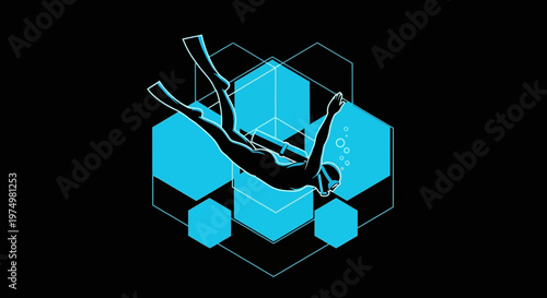 Dynamic Scuba Diver Silhouette Against Abstract Geometric Blue Forms